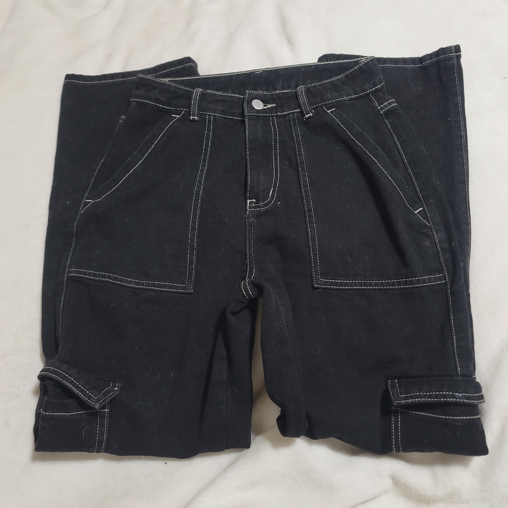 Womens Dark Wash Black Denim Cargo Wide‎ Leg Jeans Sz Small Shein Cotton Blend - Picture 2 of 4